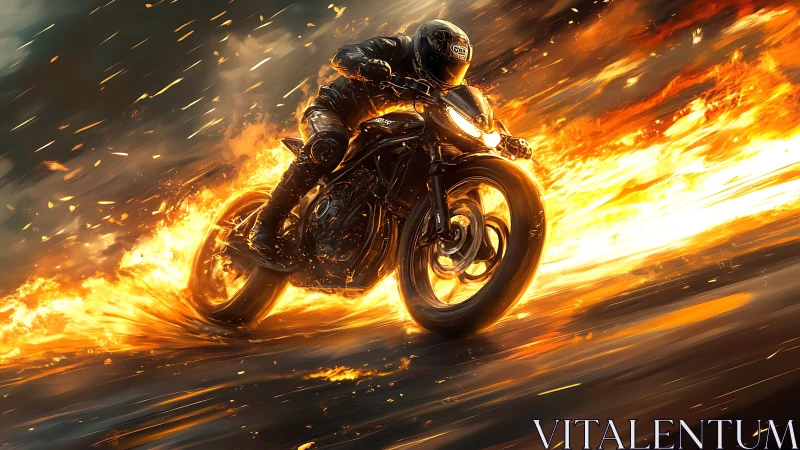 Motorcyclist carving through blazing fire trail at speed.
