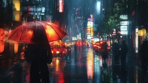 Person with red umbrella in neon city street rain at night.