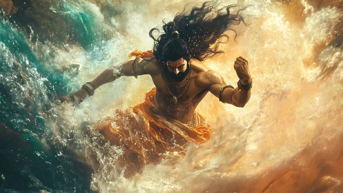 Divine warrior erupting through crashing ocean waves.