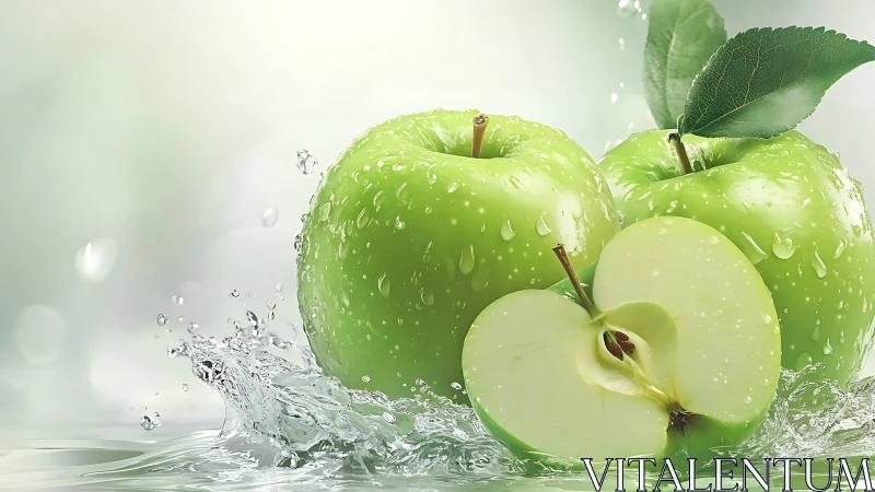 Green apples in water with splash and surface reflections.