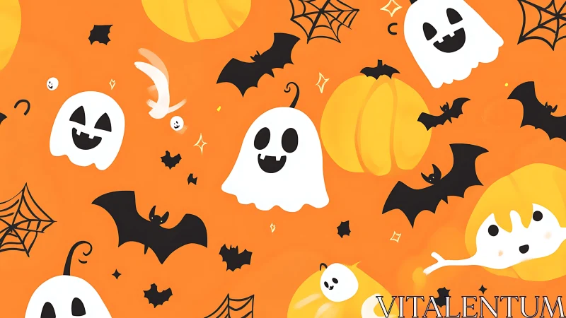 Playful ghosts and pumpkins float through a bright Halloween night