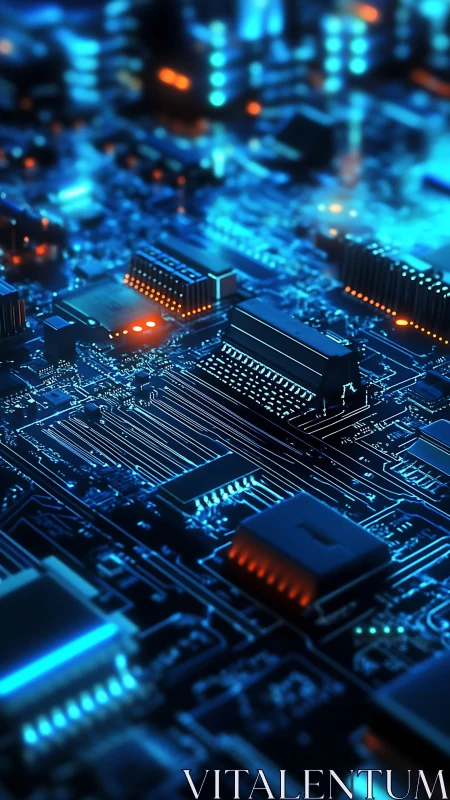Futuristic blue circuit board with glowing microchips.