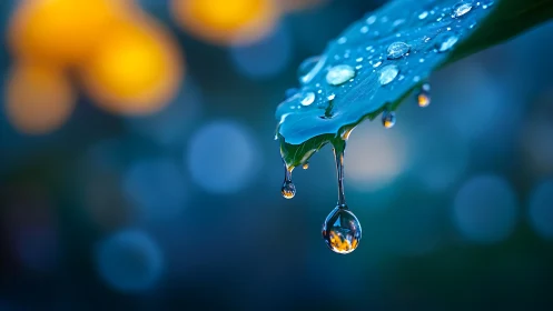 Macro water droplet hanging from leaf with bokeh glow.
