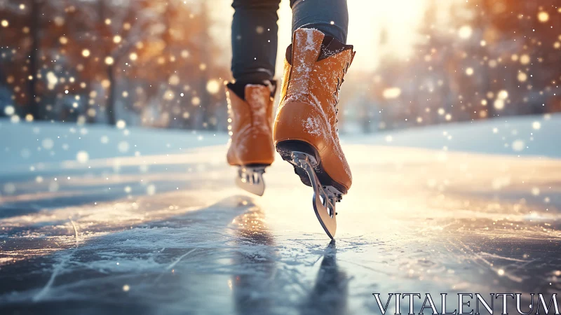 Close-up winter ice skates gliding over glowing frozen lake.