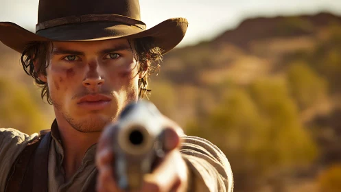 Steely-eyed young cowboy holds his aim in the dusty sun