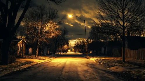 Streetlamp illumination divides a quiet residential roadway