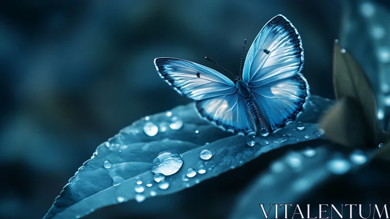 Blue butterfly on wet leaf in cool monochrome light.