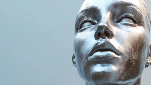 Metallic humanoid bust with reflective upward gaze.