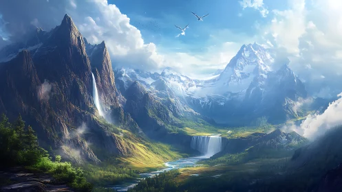 Sunlit alpine valley holds cascading waterfalls under soaring peaks