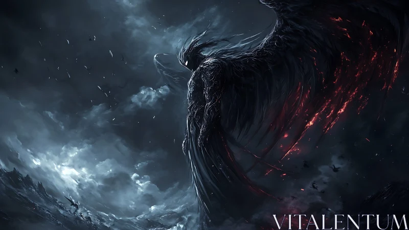 Dark winged entity rises over stormy, burning battlefield.