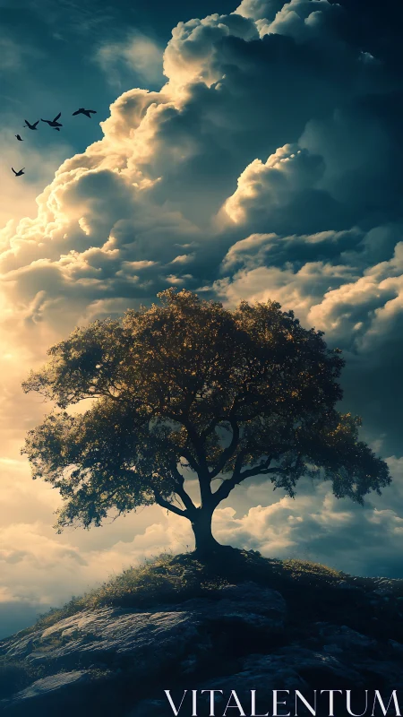 Solitary hilltop tree silhouettes against dramatic storm clouds