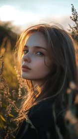 Young woman in field at sunset with backlit hair profile.