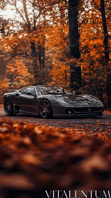 Sleek black sports car gliding through a cozy autumn forest.