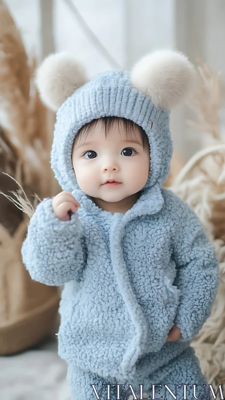 Infant doll in blue knit garment with white fur accents.