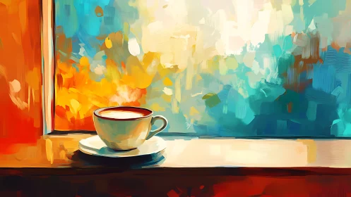 Steaming coffee cup beside window in vivid abstract light.