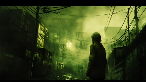Lone figure walks toxic green alley under tangled wires.