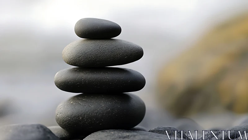 Photorealistic cairn of smooth black zen stones on shore.