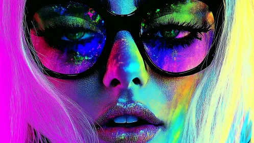 Neon dreamer gazing through cosmic rainbow glasses.
