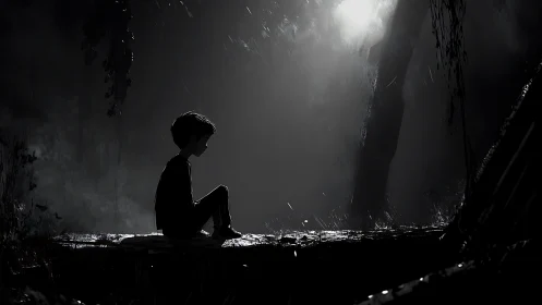 Solitary child rests in moonlit rain within a shadowed forest.