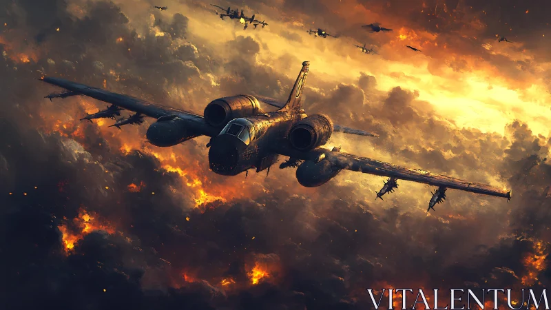 Wartorn attack jet squadron over incendiary storm clouds.