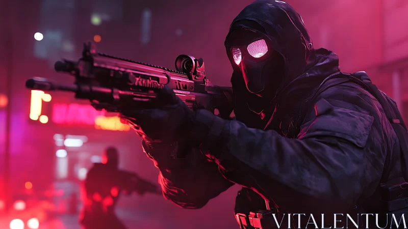Masked tactical figure aiming rifle in neon urban setting.