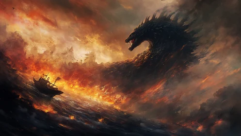 Giant sea creature beside burning ship in stormy seascape.