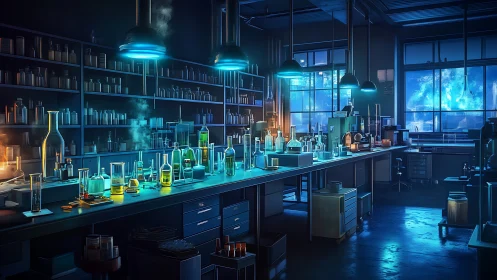 Futuristic chemistry laboratory with glowing glassware at night.