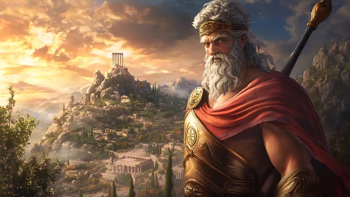Mythic warrior overlooks a radiant ancient Greek citadel