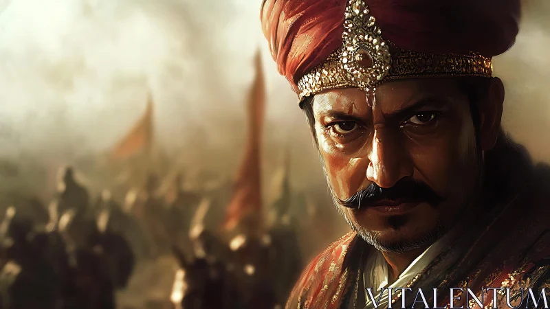 Warrior king portrait before blurred battlefield ranks.