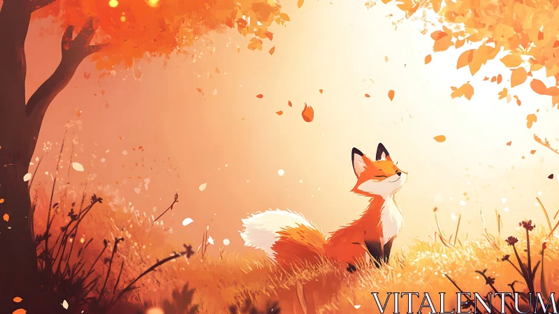 Soft-lit fox beneath glowing autumn canopy in meadow.