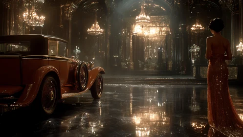 Photorealistic Art Deco ballroom with vintage coupe and figure.