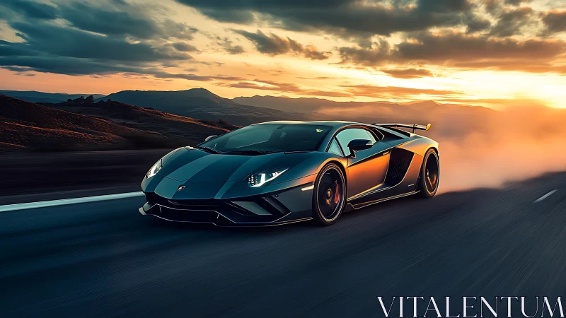 Dark sports car moving on open highway at sunset light.