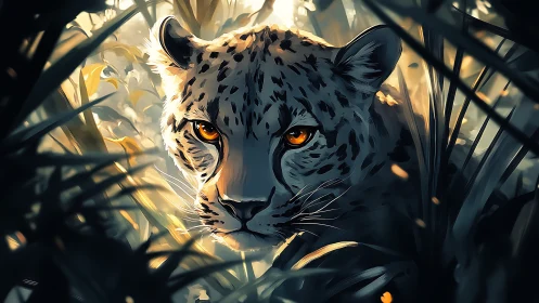 Leopard with Intense Golden Eyes in Sunlit Vegetation