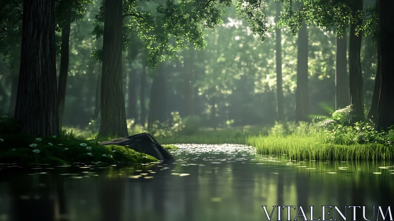 Serene Forest Stream with Filtered Sunlight.