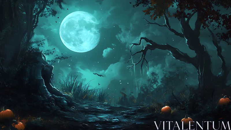 Haunted forest trail under luminous teal harvest moon.