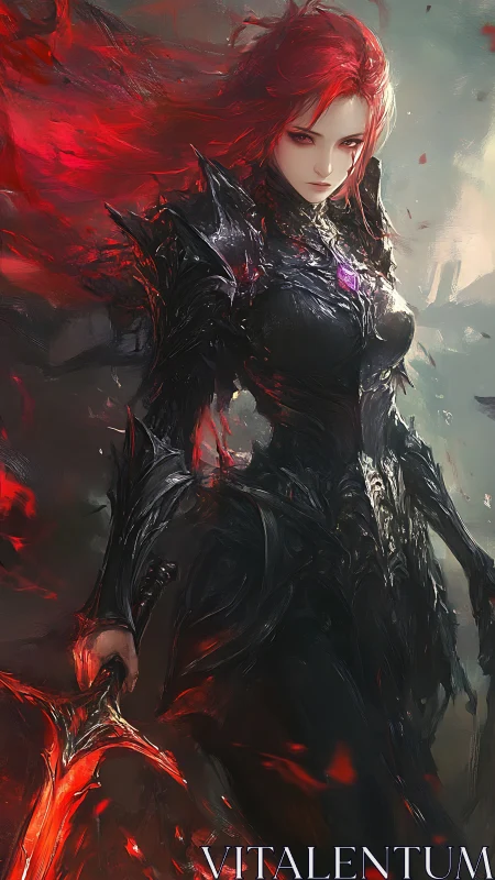 Armored red-haired warrior strides forward in infernal glow