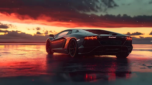 Black sports car on reflective wet surface at red sunset.