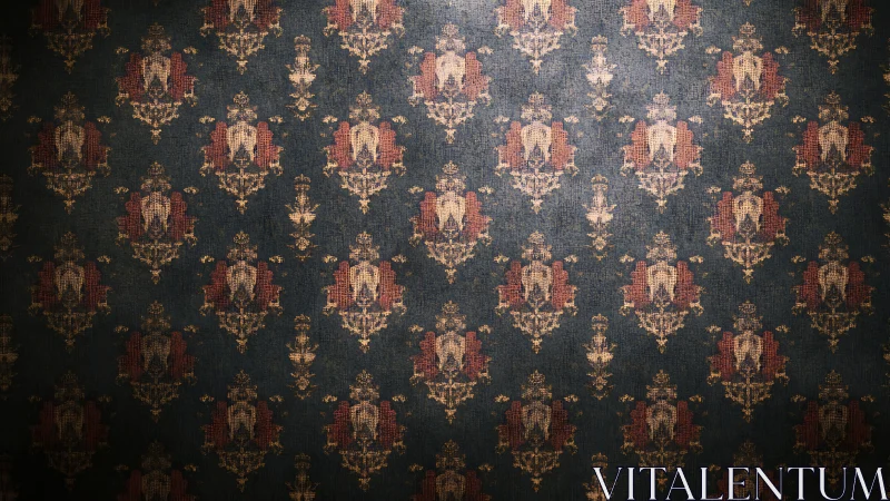 Vintage damask wallpaper glowing in gentle golden light.