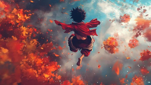 Dynamic anime figure descending through autumnal sky vortex