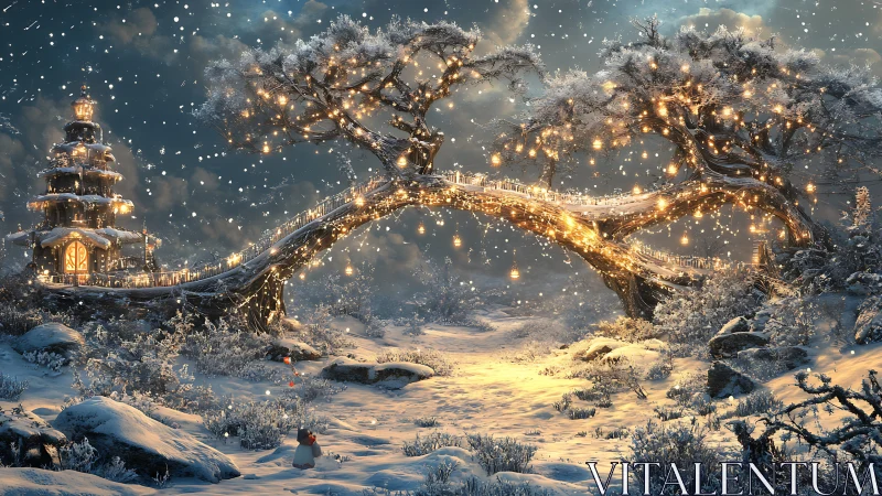 Snowlit dreambridge of lantern trees and winter cottage glow.