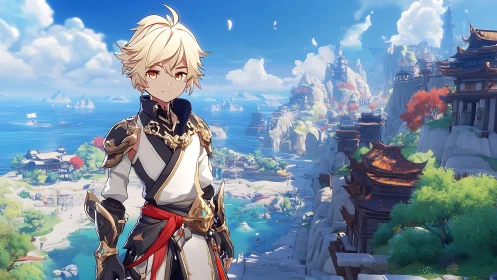 Blond anime adventurer overlooking coastal pagoda metropolis.