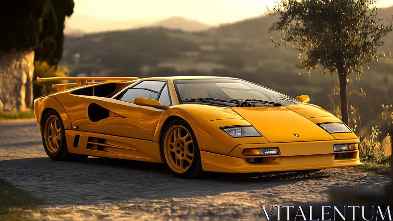 Yellow supercar glows at golden hour on a quiet country road