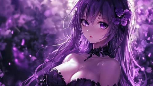 Violet twilight girl breathes softly through luminous petals