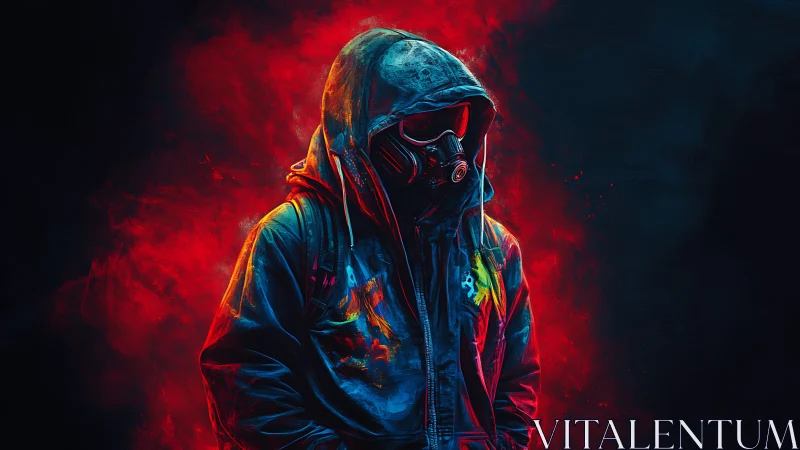 Hooded neon drifter stalks through a burning electric mist