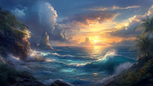 Digital painting seascape at sunset with dramatic wave forms.