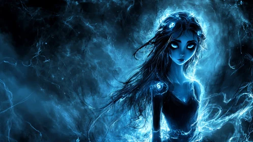 Glowing spectral girl stands in swirling blue energy field