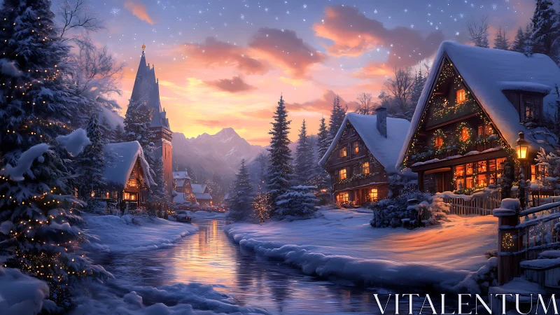 Digital winter village panorama with luminous riverside cottages.