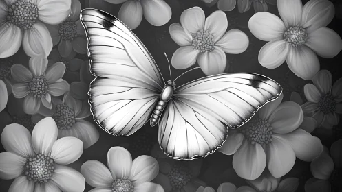 Monochrome butterfly with detailed wings on floral backdrop