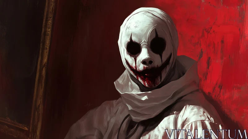 Bleak masked figure stares from a blood-red painted void