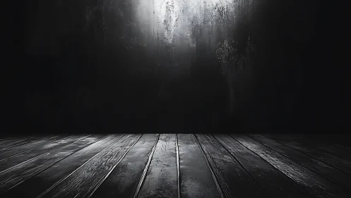 Dark wooden floor extends toward illuminated textured wall